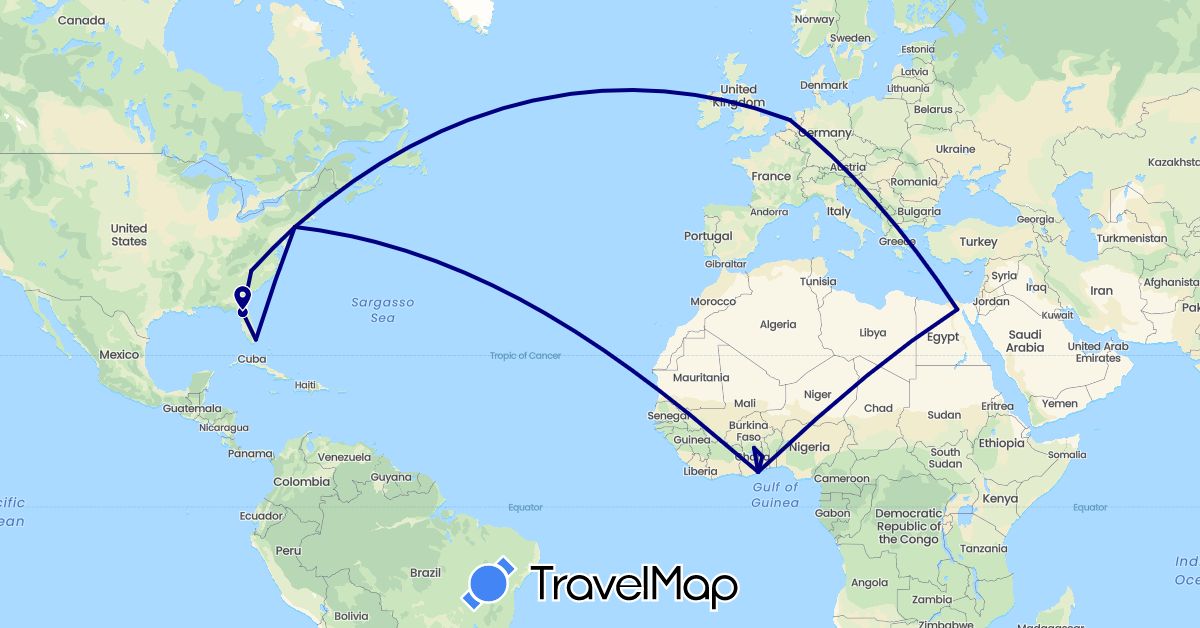 TravelMap itinerary: driving in Egypt, Ghana, Netherlands, United States (Africa, Europe, North America)